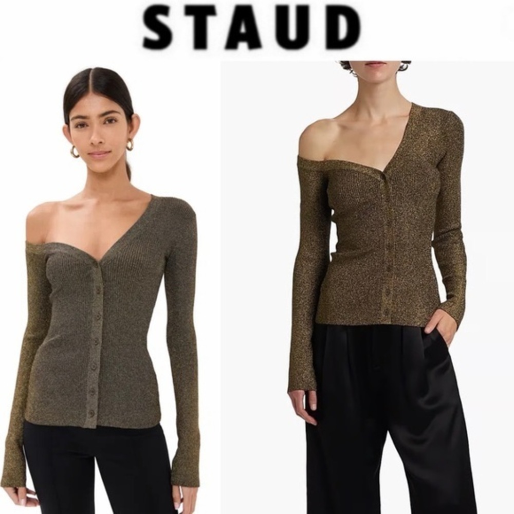 STAUD Craftsman Sweater Gold Asymmetrical Knit Top Sz XS NWT